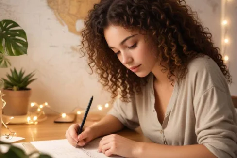 Hostel girl focusing on writing things/ studying to deal with homesickness