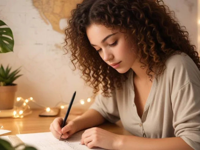 Hostel girl focusing on writing things/ studying to deal with homesickness